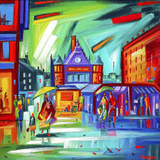 Colorful expressionist painting of a vibrant street scene with dynamic brushstrokes and figures in motion under a lively sky. By Raymond Murray